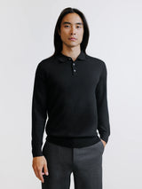 Pull col polo boutonné en laine mérinos noir