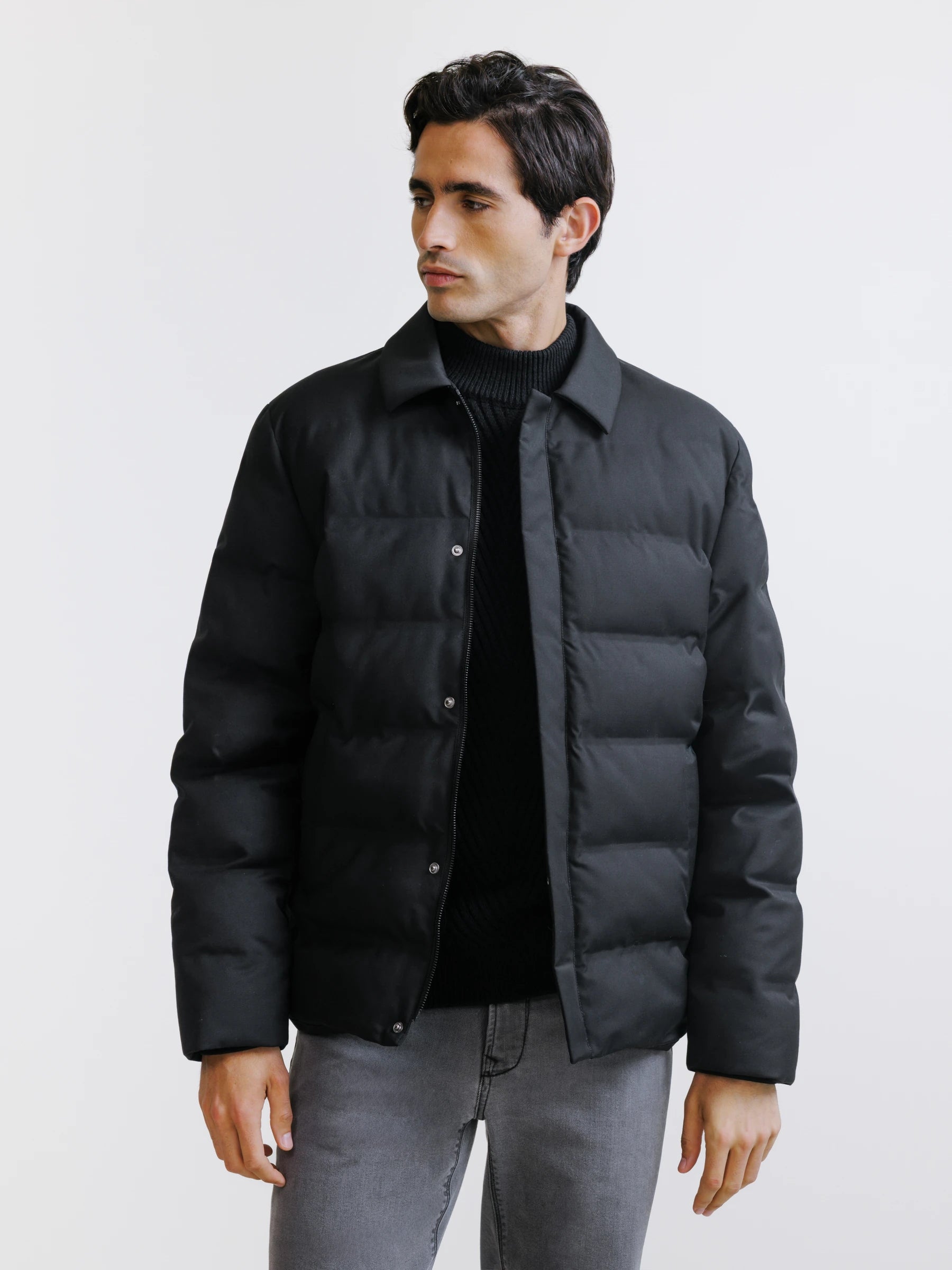 Black short down jacket with shirt collar