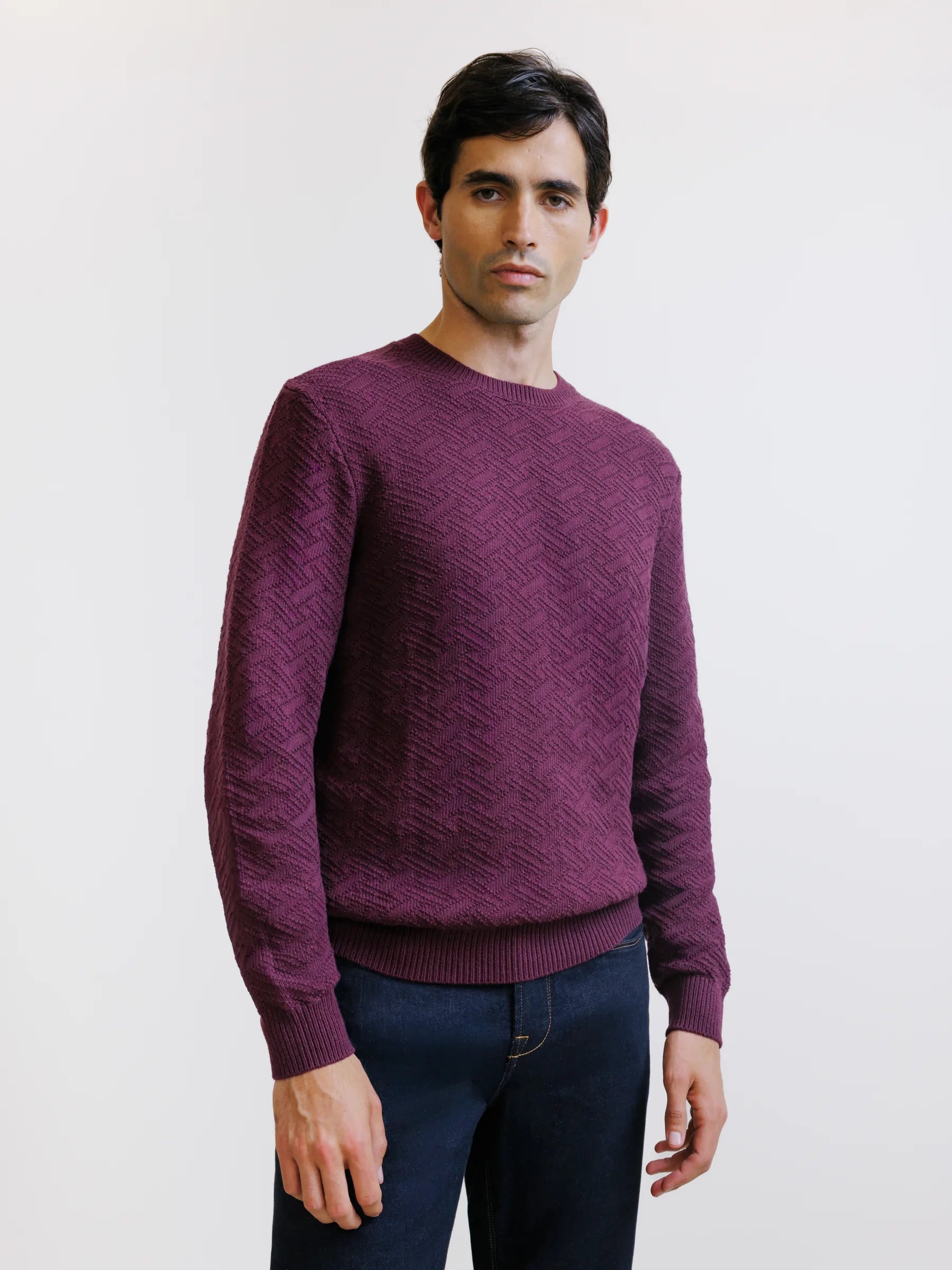 Pull jacquard col rond bordeaux