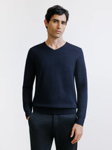 Navy Merino Wool V-Neck Sweater