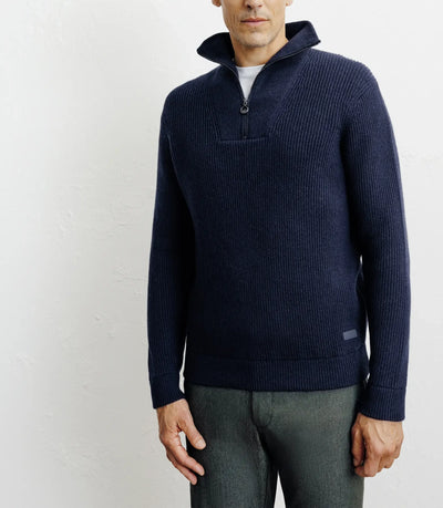 Wool sweater with navy trucker collar