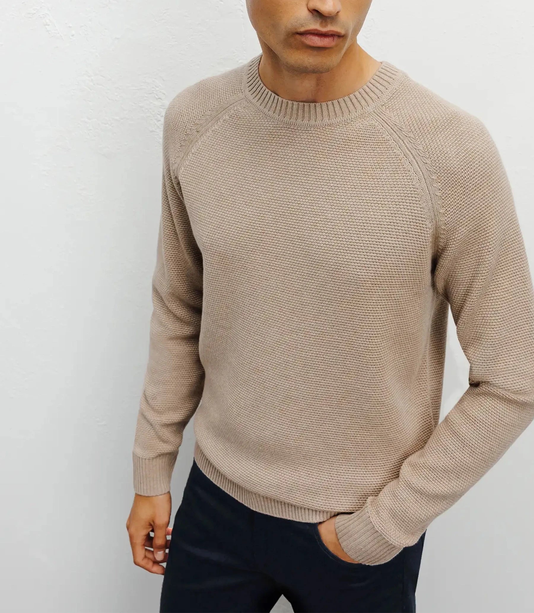 Round-neck sweater, beige stitch pattern