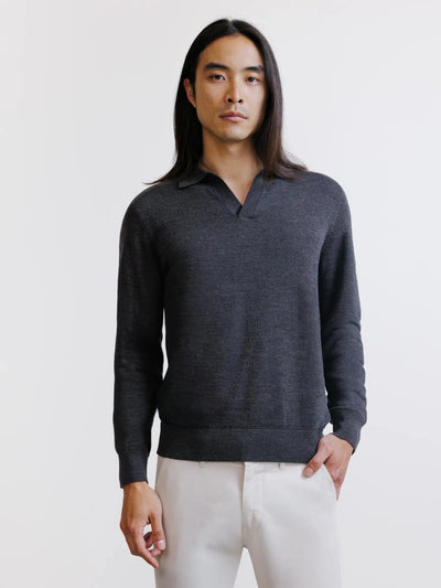 Pull col polo en laine mérinos réglisse - IZAC