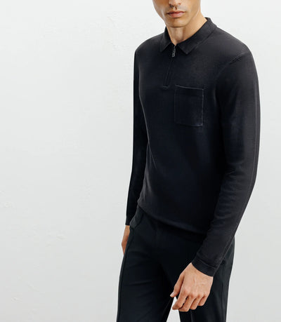Zipped polo-neck sweater in black fine knit