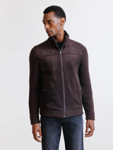 Brown mixed-material zip-up cardigan