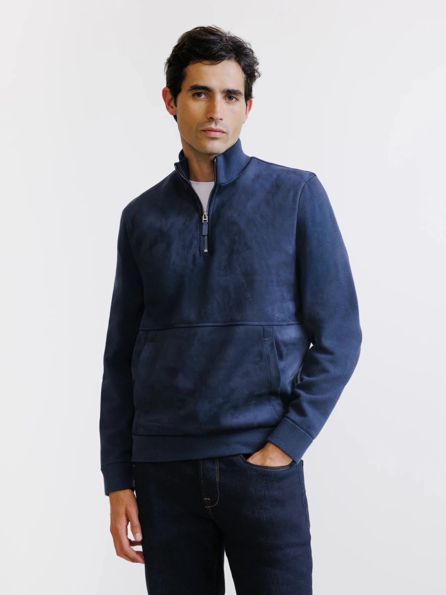 Sweat demi-zippé bi-matière marine