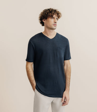 T-shirt col V 100% lin marine - IZAC