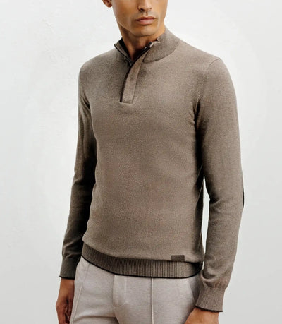Taupe half-zip stand-up collar sweater