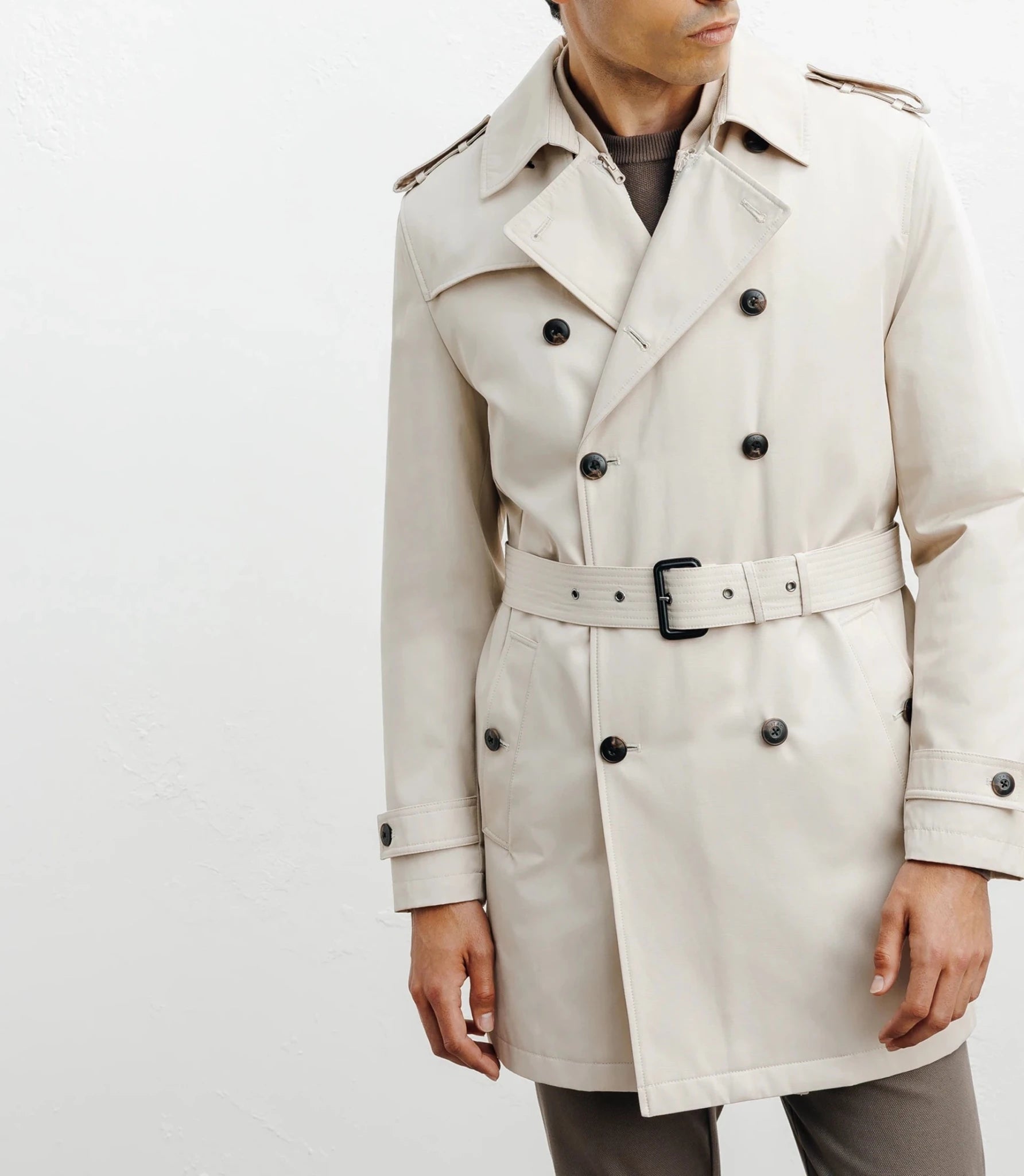 Beige double-breasted trench coat