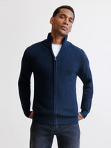 Navy zip-up cardigan with stitch detailing