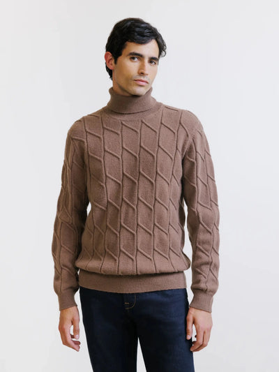 Tobacco cable knit roll neck jumper