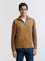 Two-material zipped cardigan in camel
