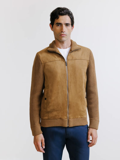 Two-material zipped cardigan in camel