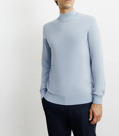 Pull col cheminée mérinos bleu ciel