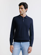 Pull col polo boutonné en laine mérinos marine