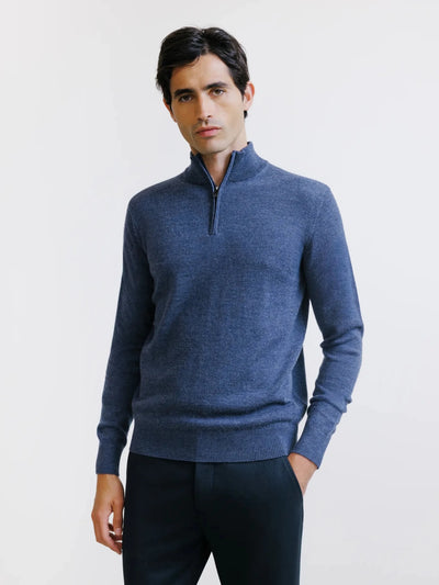 Indigo merino wool half-zip jumper