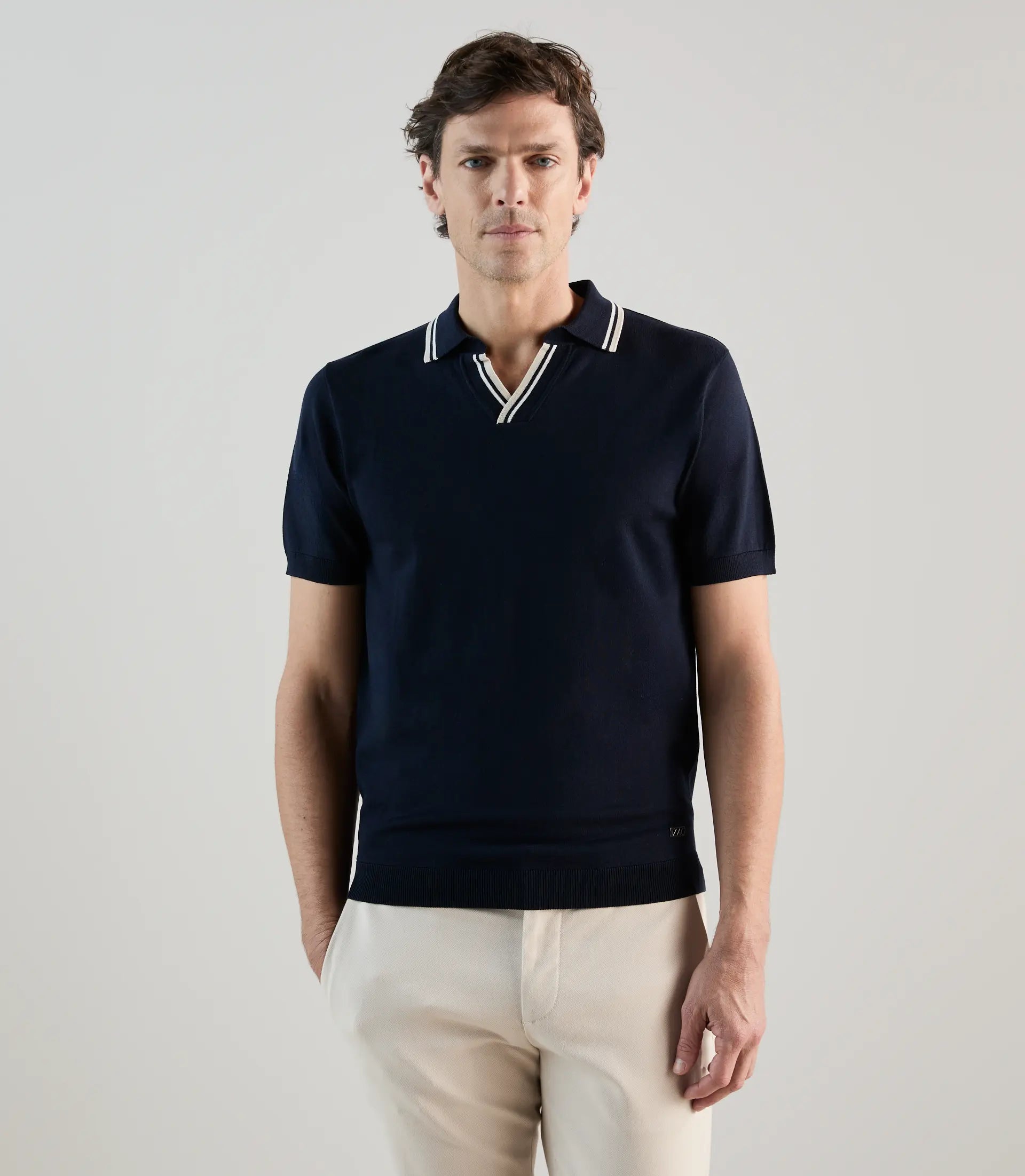 Polo col ouvert en maille marine - IZAC