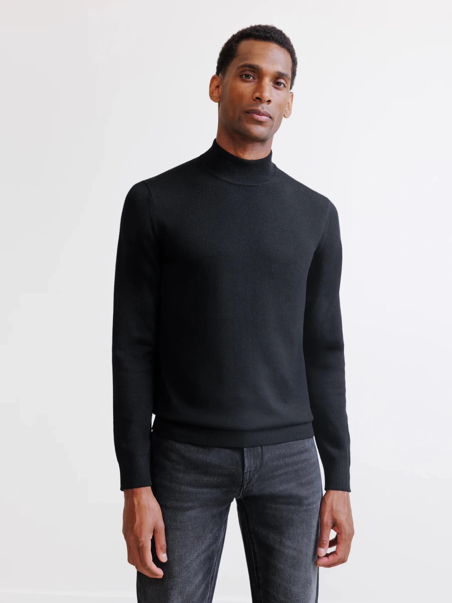 Black merino mock-neck sweater