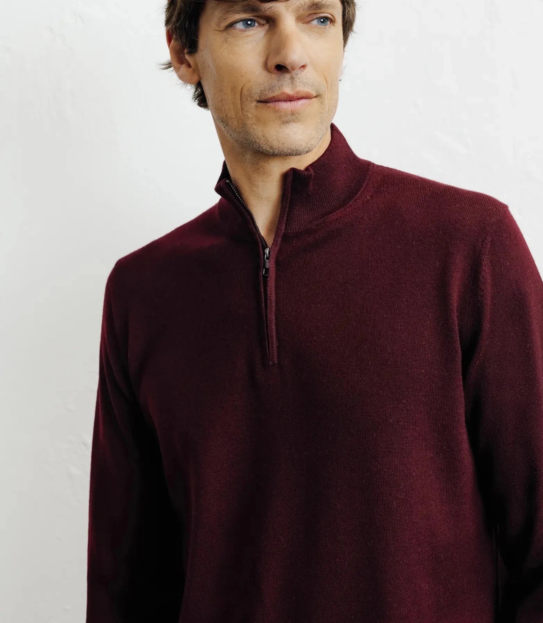 Pull à col demi zippé mérinos bordeaux
