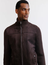Brown mixed-material zip-up cardigan