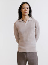 Beige open polo collar jumper with textured stitching