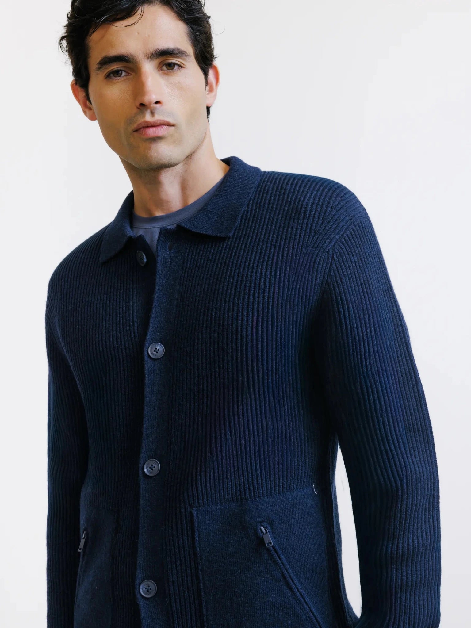 Cardigan col chemise en laine marine - IZAC