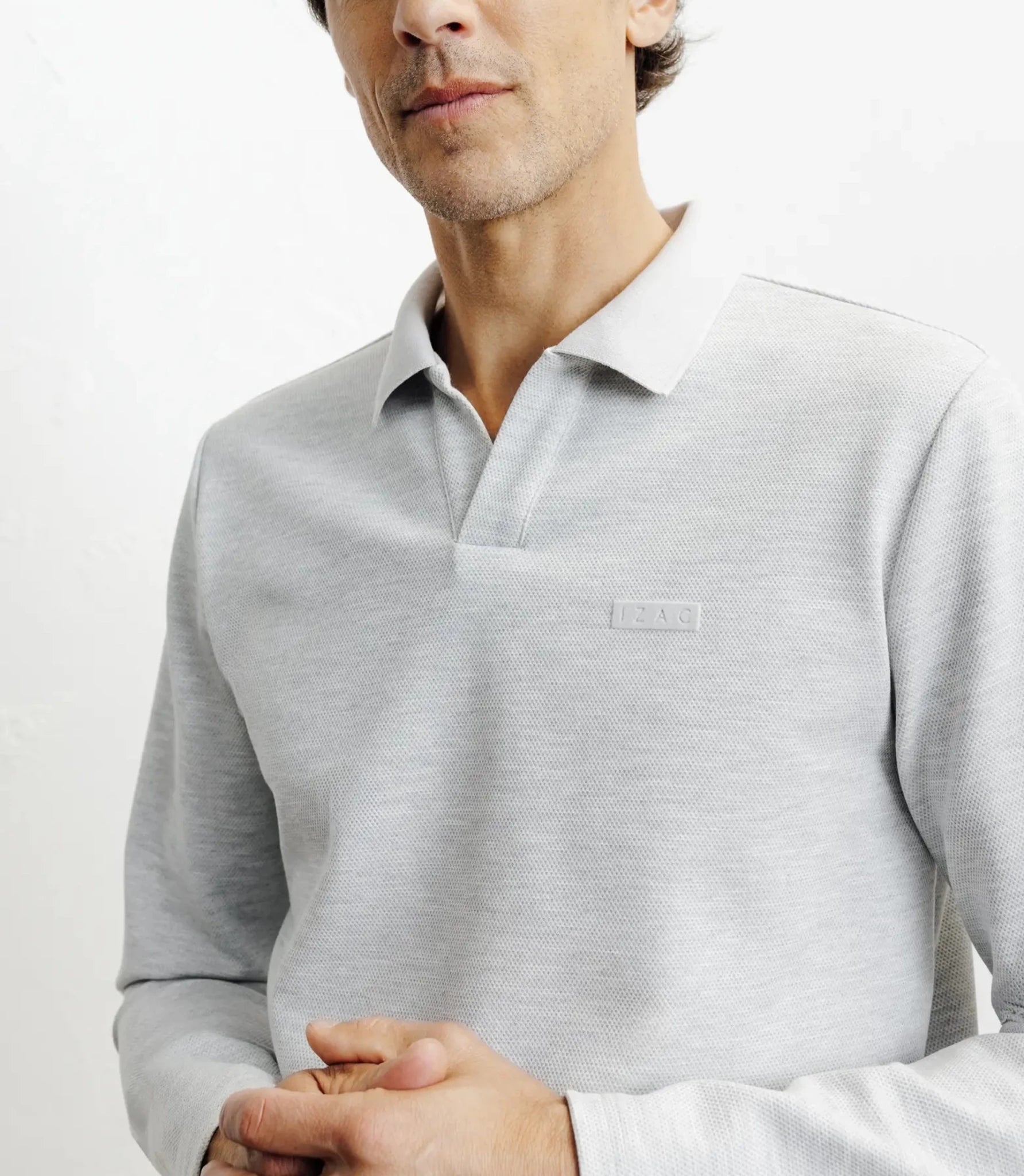Polo shirt, open collar, long sleeves, china grey