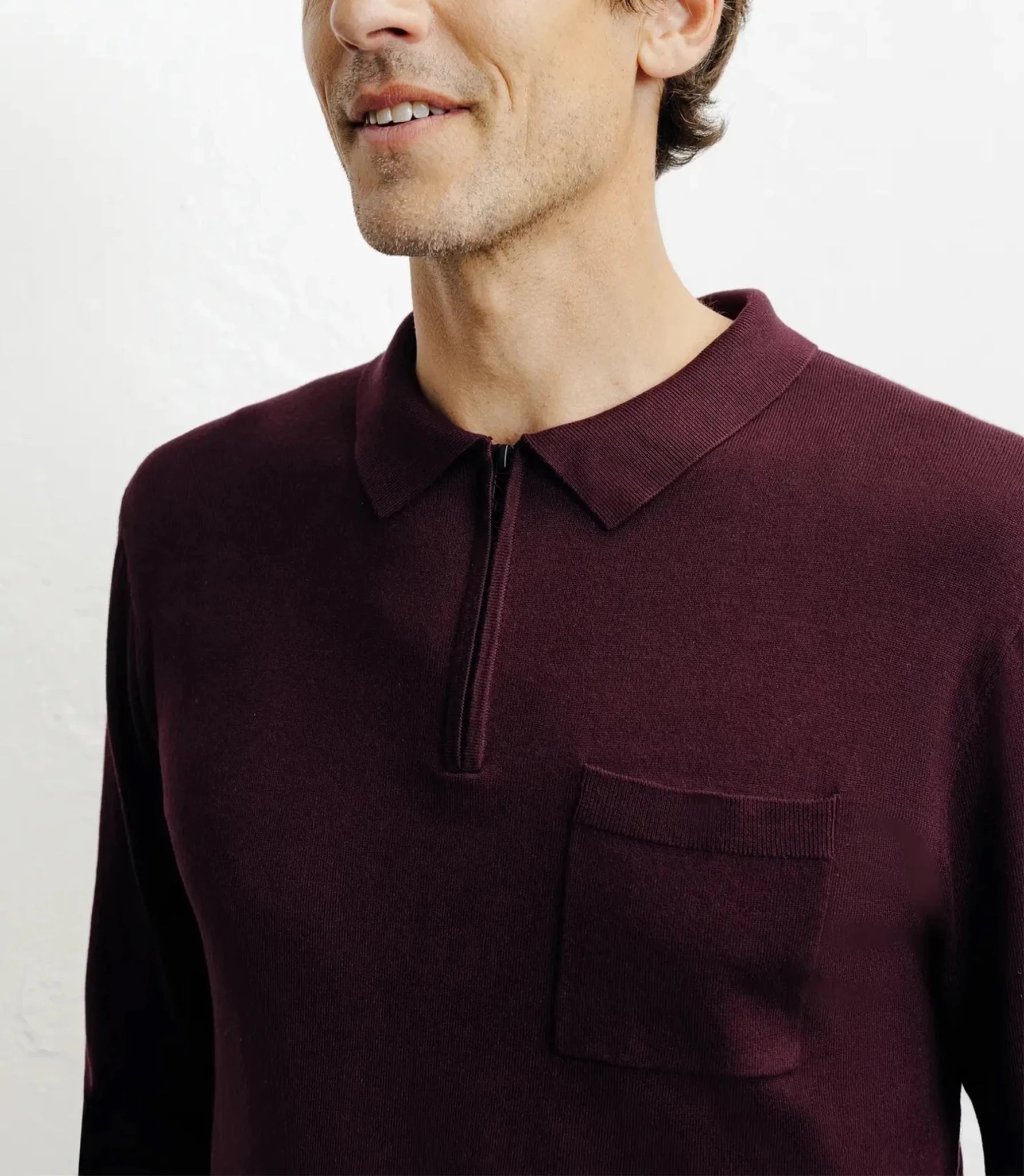 Pull col polo zippé en maille fine bordeaux foncé