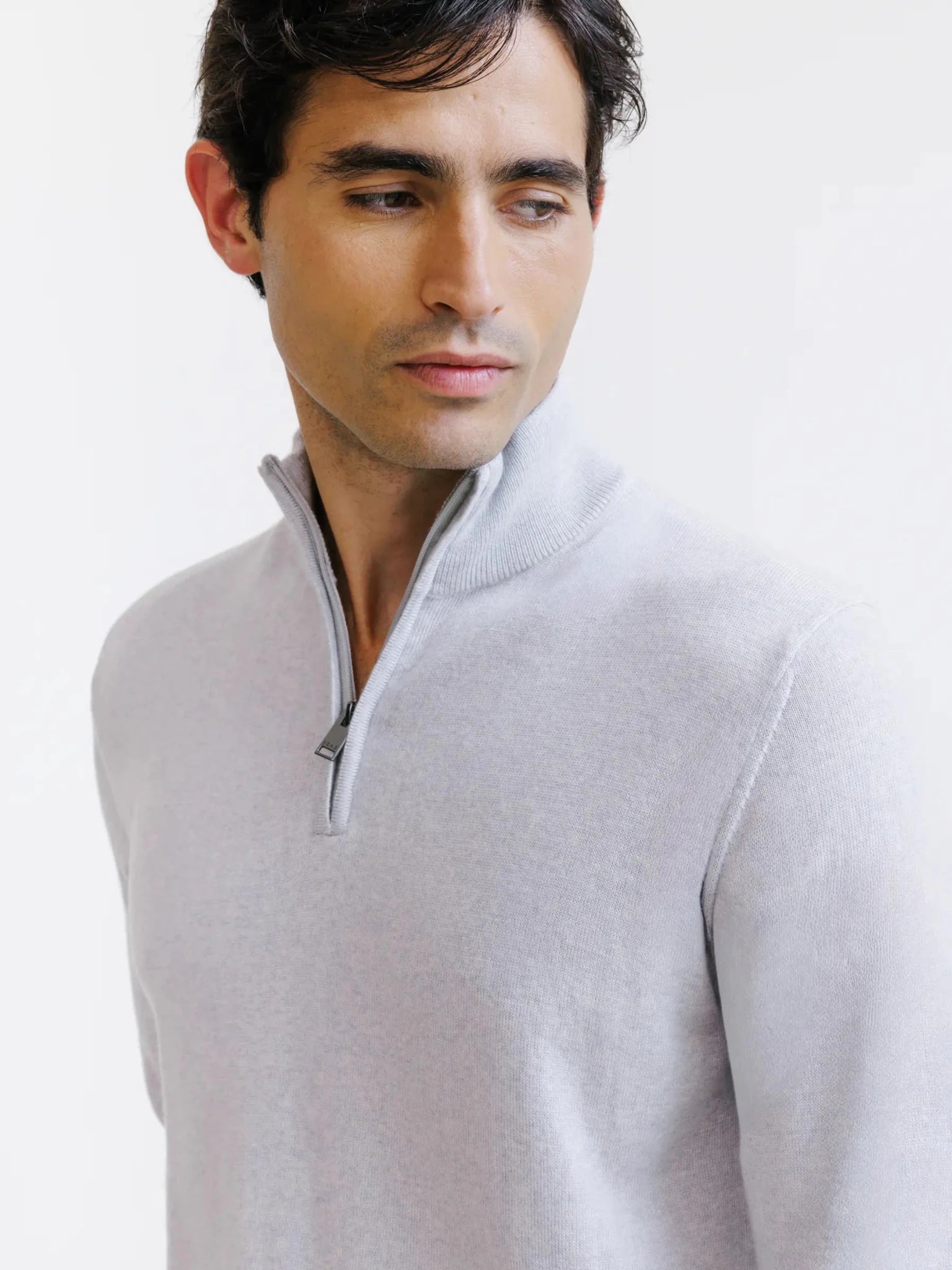 Pull demi-zippé en laine mérinos gris chiné - IZAC