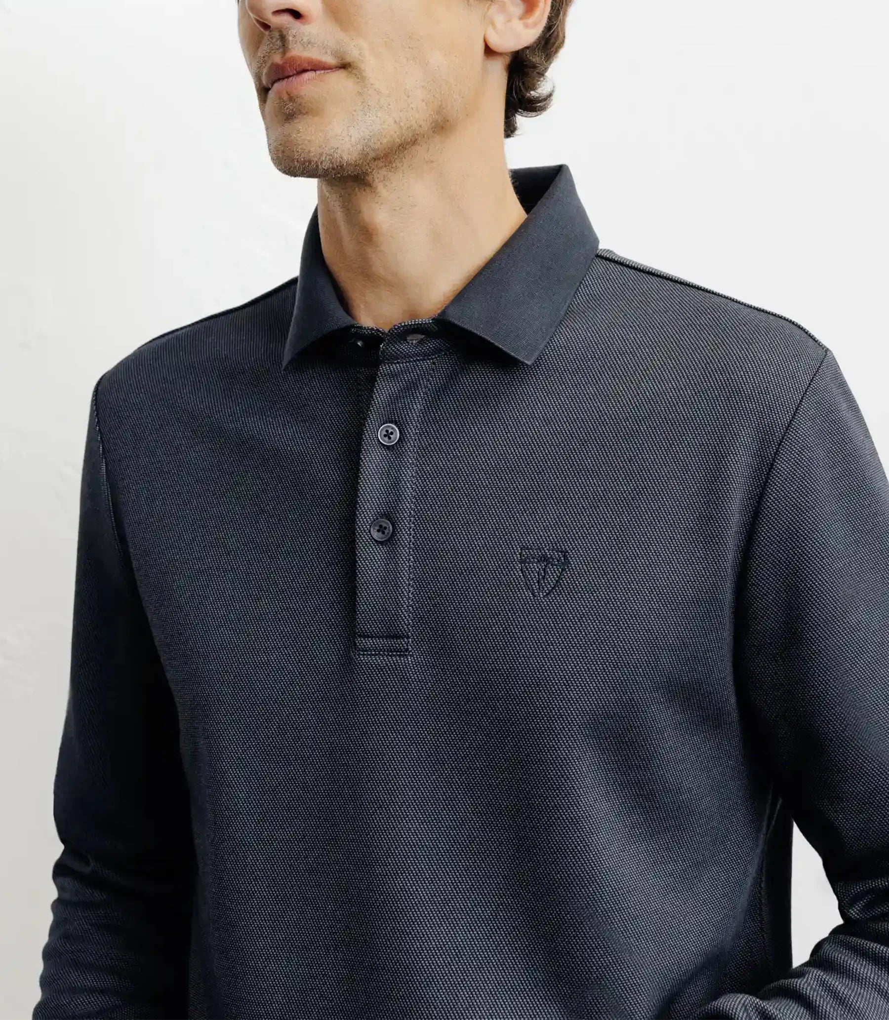 Navy knit button-down polo shirt