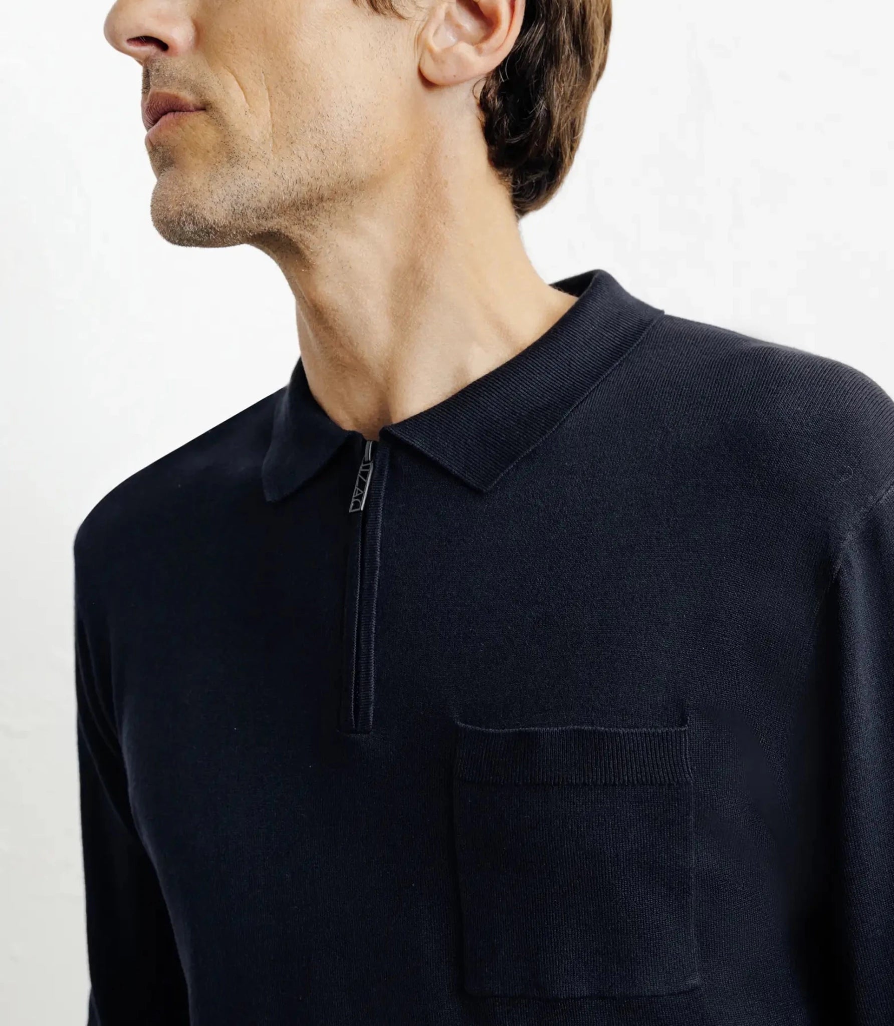 Pull col polo zippé en maille fine marine - IZAC