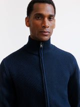 Navy zip-up cardigan with stitch detailing