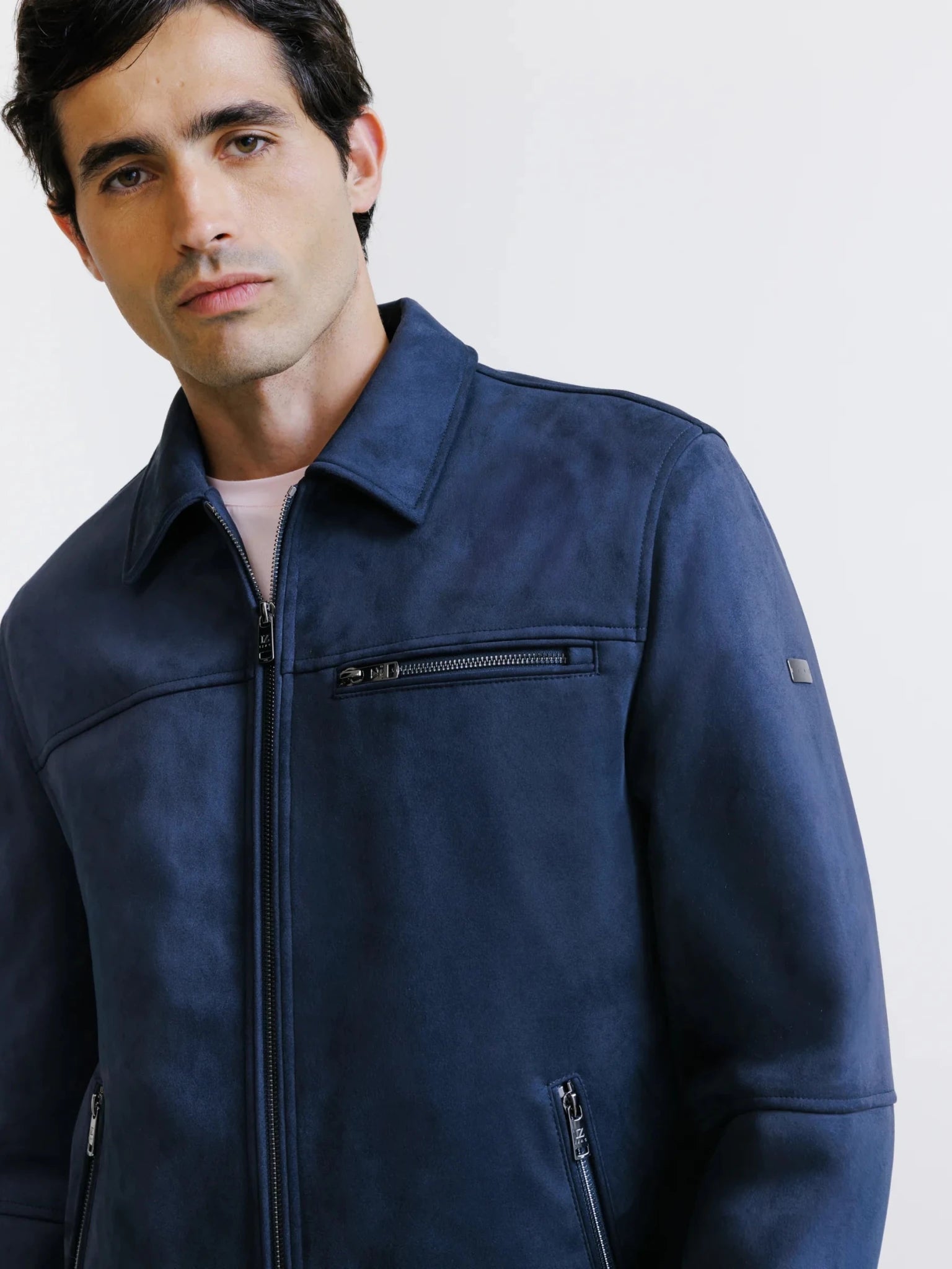 Blouson col chemise en suède marine - IZAC