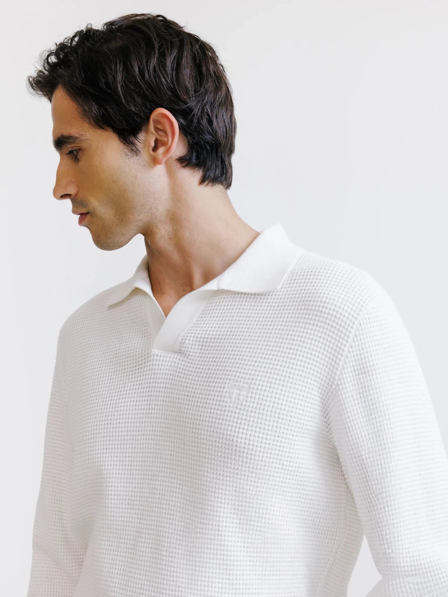 Ecru open polo collar jumper with textured knit