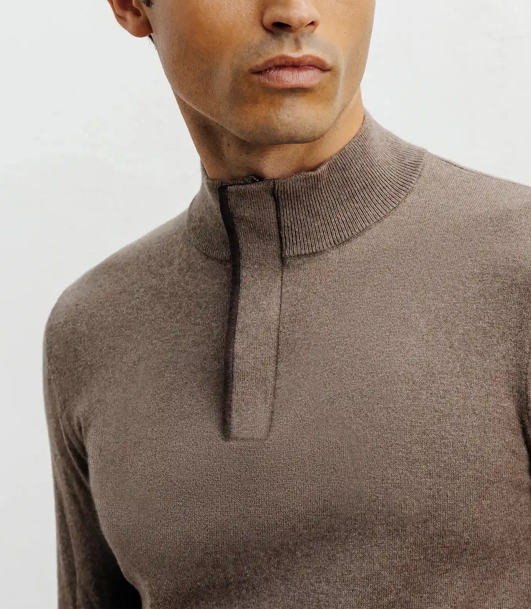 Taupe half-zip stand-up collar sweater
