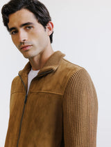 Two-material zipped cardigan in camel