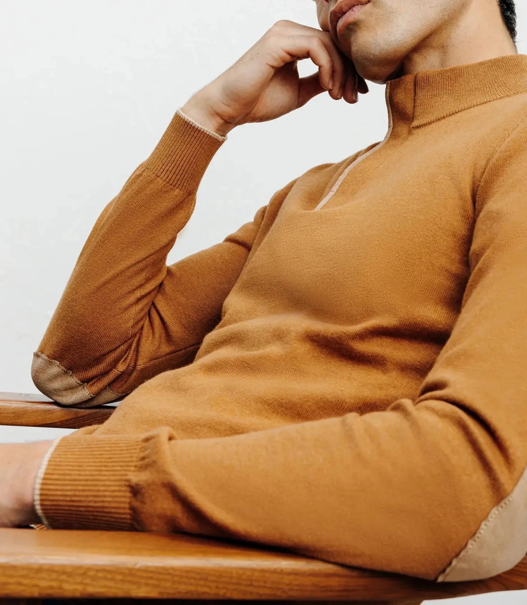 Dark camel half-zip stand-up collar sweater