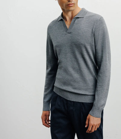 Pull col polo en laine mérinos gris chiné