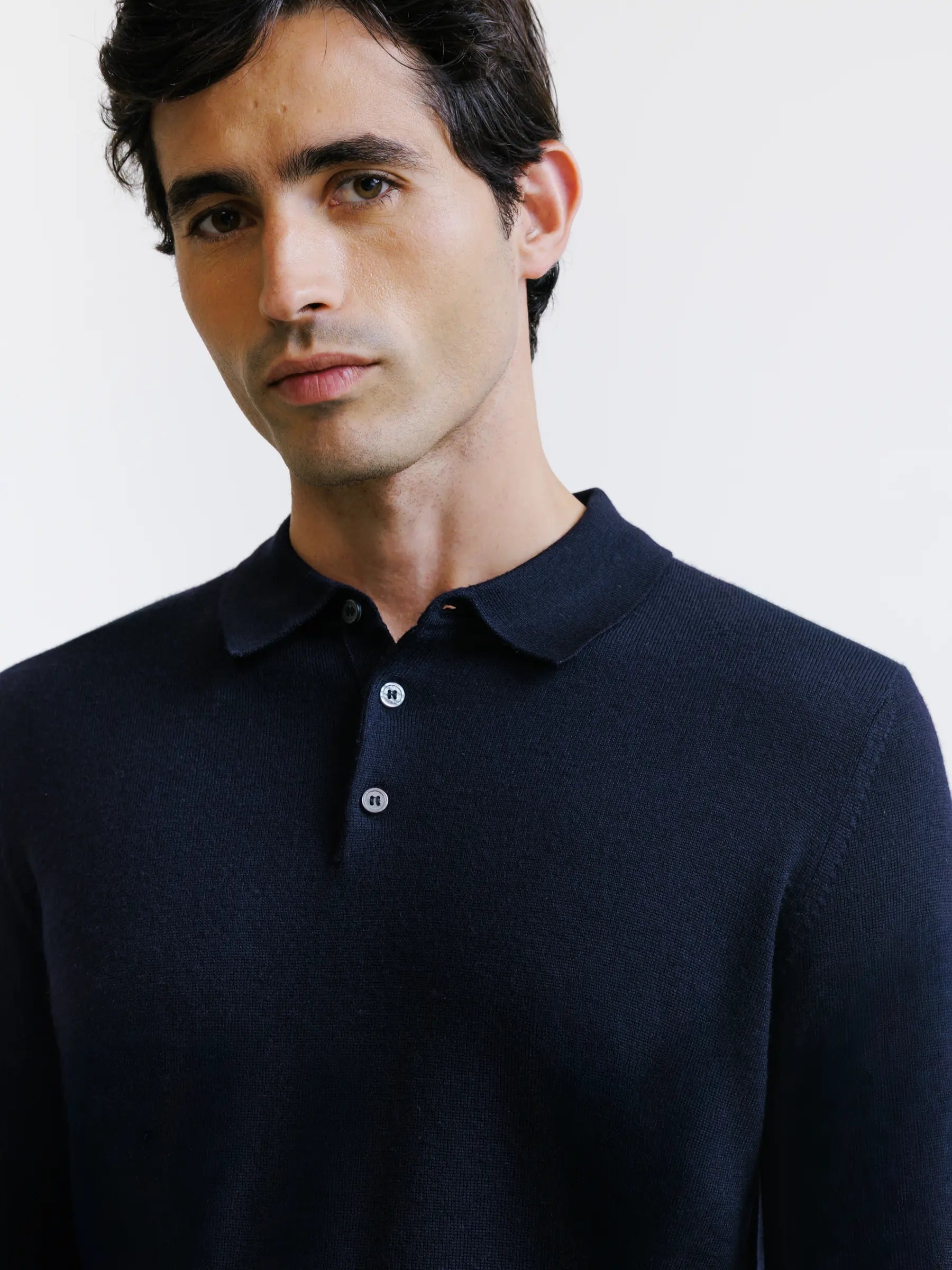 Navy merino wool button-up polo shirt
