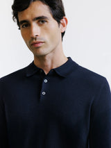 Pull col polo boutonné en laine mérinos marine