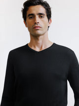 Black merino wool V-neck sweater