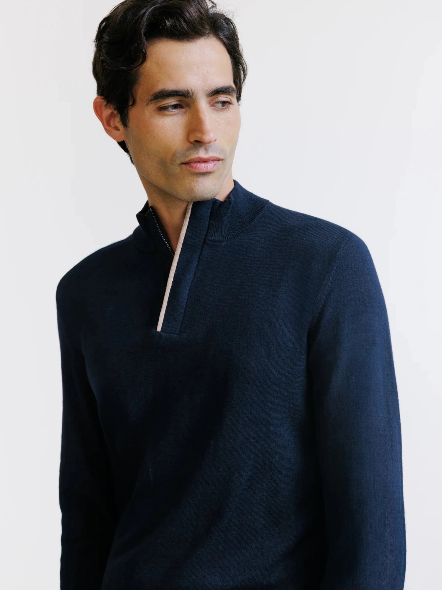 Navy half-zip stand-up collar sweater