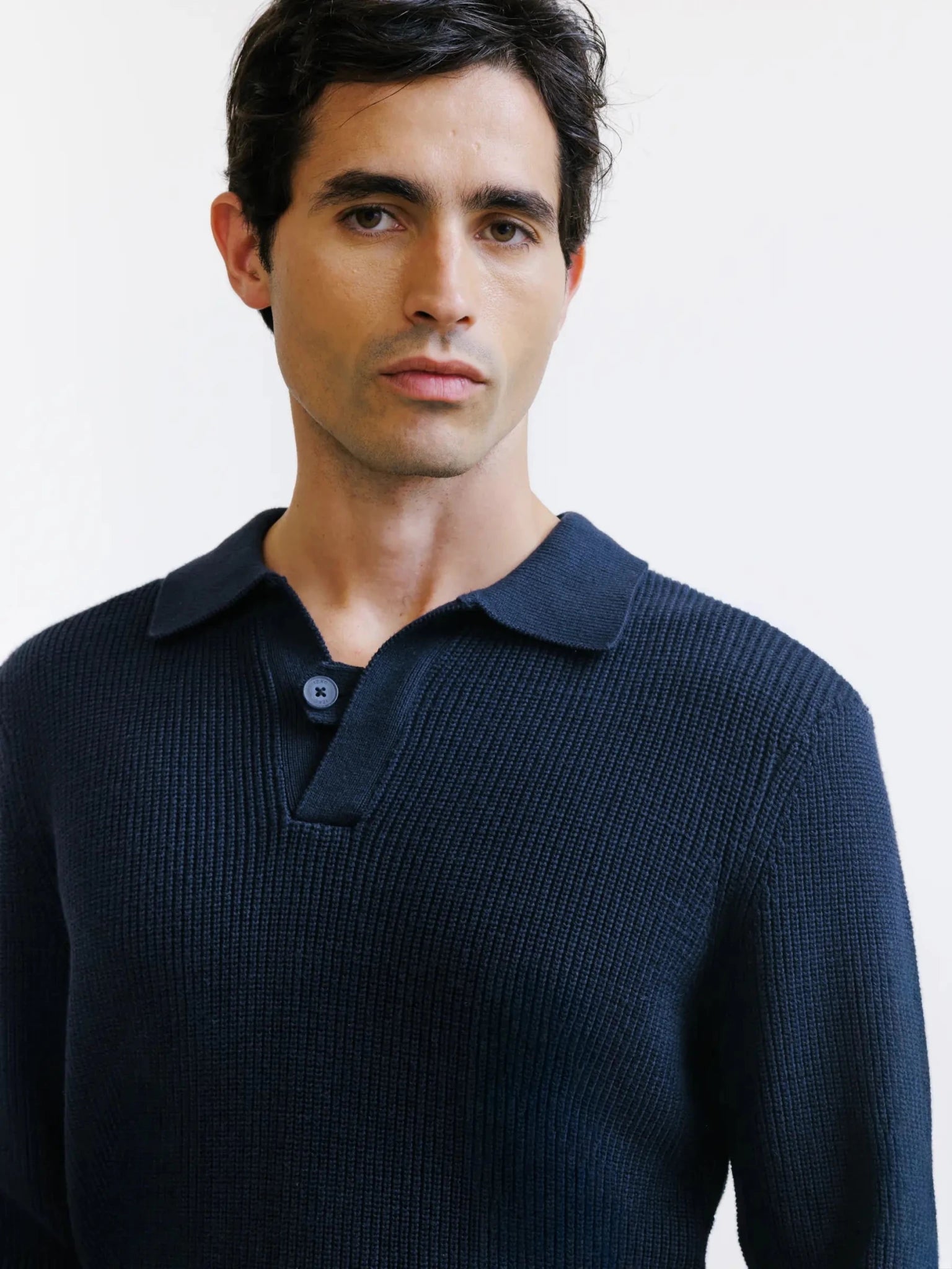 Pull col polo ouvert 1 bouton marine - IZAC