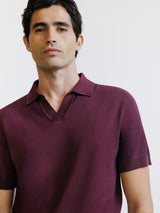 Burgundy open-collar knit polo shirt