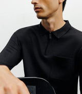 Zipped polo-neck sweater in black fine knit