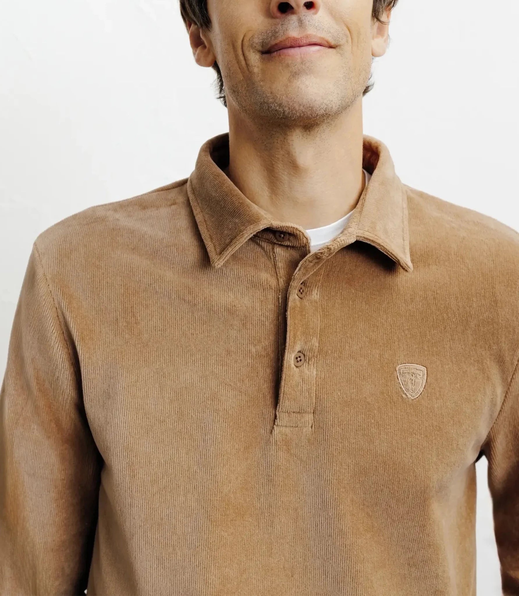 Camel long-sleeve button-down polo shirt