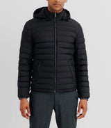 Down jacket with black removable hood