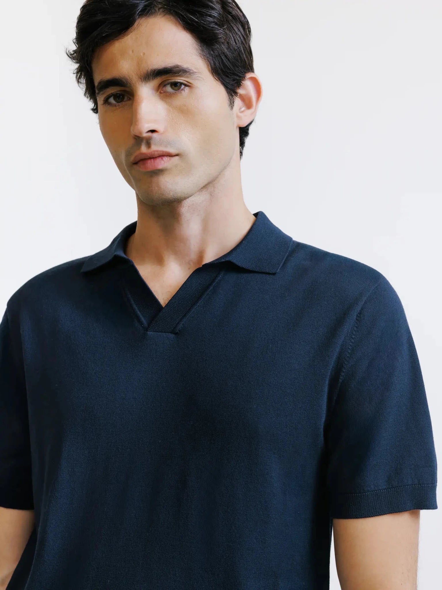 Navy knit open-neck polo shirt