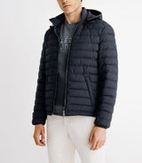 Down jacket with removable navy hood