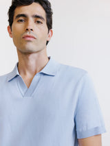 sky blue open-neck knit polo shirt